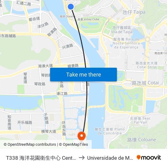 T338 海洋花園衛生中心 Centro De Saúde Dos Jardins Do Oceano to Universidade de Macau (澳門大學) Campus map