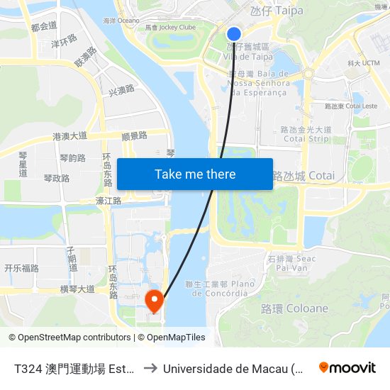 T324 澳門運動場 Estádio De Macau to Universidade de Macau (澳門大學) Campus map