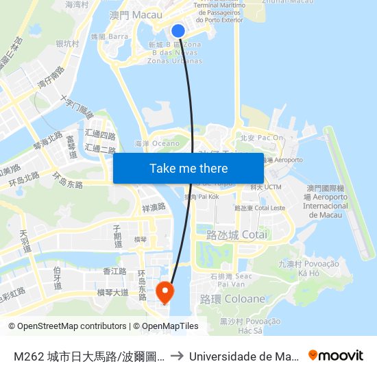 M262 城市日大馬路/波爾圖街 Av.24 De Junho/R.Do.Porto to Universidade de Macau (澳門大學) Campus map