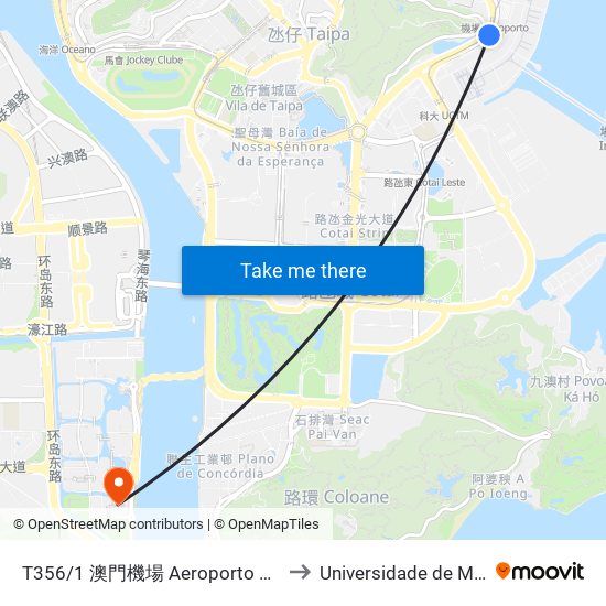 T356/1 澳門機場 Aeroporto De Macau, Macau International Airport to Universidade de Macau (澳門大學) Campus map