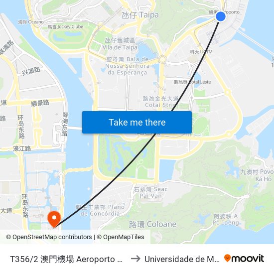 T356/2 澳門機場 Aeroporto De Macau, Macau International Airport to Universidade de Macau (澳門大學) Campus map