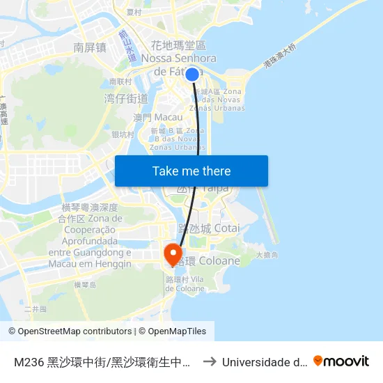 M236 黑沙環中街/黑沙環衛生中心 R. Central Da Areia Preta / Centro De Saúde Da Areia Preta to Universidade de Macau (澳門大學) Campus map