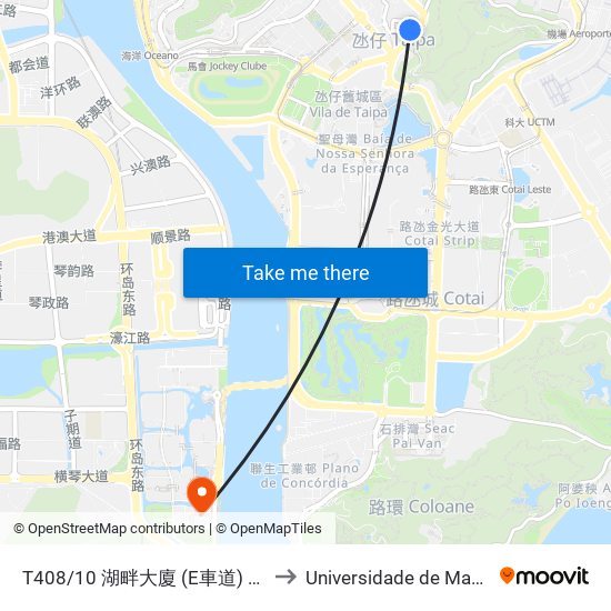 T408/10 湖畔大廈 (E車道) Edifício Do Lago (Via / Lane E) to Universidade de Macau (澳門大學) Campus map