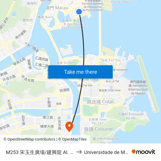 M253 宋玉生廣場/建興龍 Al. Dr. C. D’Assumpção / Kin Heng Long to Universidade de Macau (澳門大學) Campus map