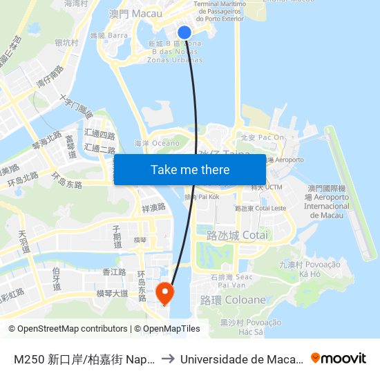 M250 新口岸/柏嘉街 Nape/ Rua Cidade De Braga to Universidade de Macau (澳門大學) Campus map