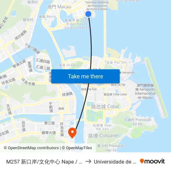 M257 新口岸/文化中心 Nape / Centro  Cultural, Nape / Macao Cultural Centre to Universidade de Macau (澳門大學) Campus map