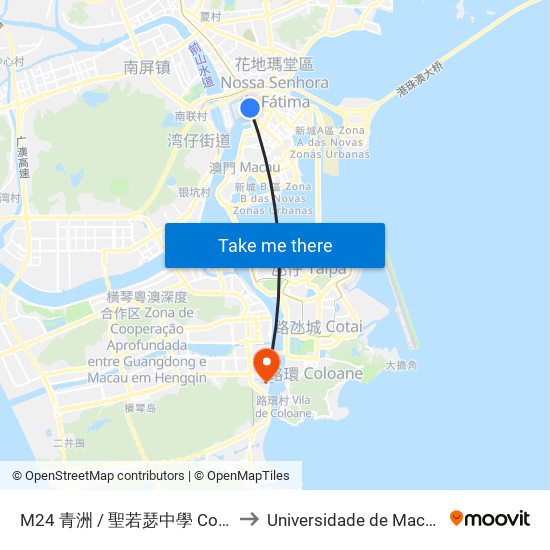 M24 青洲 / 聖若瑟中學 Cons. Borja / Colegio S. Jose to Universidade de Macau (澳門大學) Campus map
