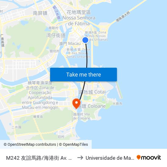 M242 友誼馬路/海港街 Av. Amizade/ R. Do Terminal Maritimo to Universidade de Macau (澳門大學) Campus map