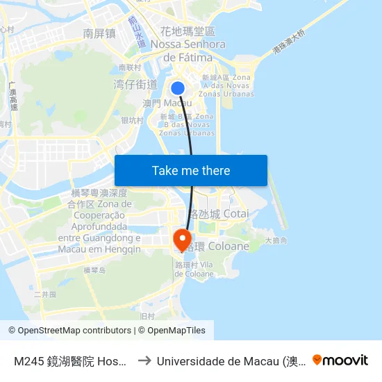 M245 鏡湖醫院 Hospital Kiang Wu to Universidade de Macau (澳門大學) Campus map