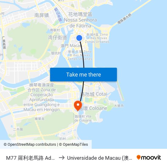 M77 羅利老馬路 Adolfo Loureiro to Universidade de Macau (澳門大學) Campus map