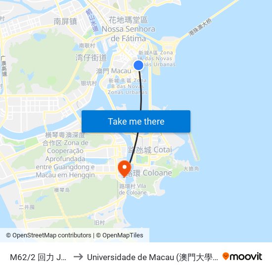 M62/2 回力 Jai Alai to Universidade de Macau (澳門大學) Campus map