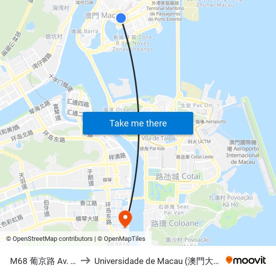 M68 葡京路 Av. Lisboa to Universidade de Macau (澳門大學) Campus map
