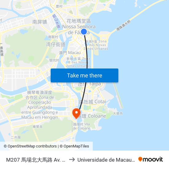 M207 馬場北大馬路 Av. Norte Do Hipódromo to Universidade de Macau (澳門大學) Campus map