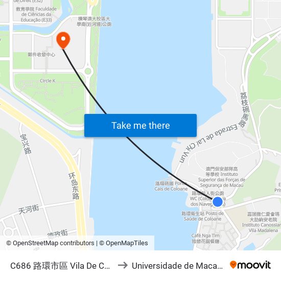 C686 路環市區 Vila De Coloane, Coloane Village to Universidade de Macau (澳門大學) Campus map