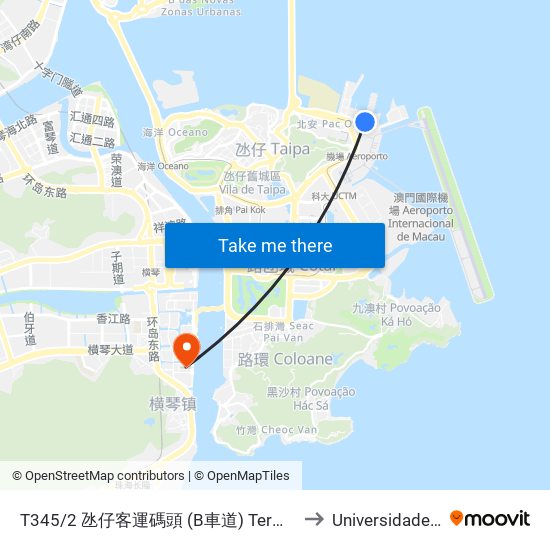 T345/2 氹仔客運碼頭 (B車道) Terminal Marítimo De Passageiros Da Taipa, Taipa Ferry Terminal (Via / Lane B) to Universidade de Macau (澳門大學) Campus map
