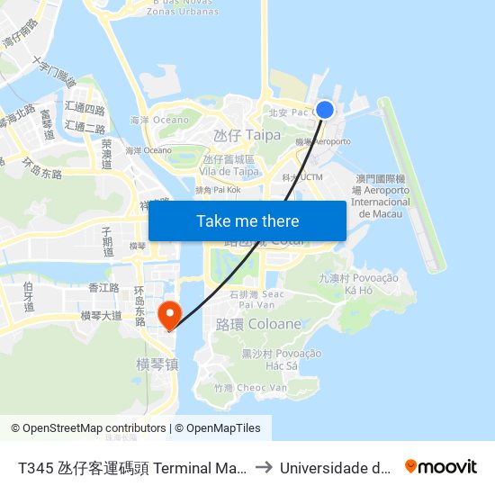 T345 氹仔客運碼頭 Terminal Marítimo De Passageiros Da Taipa, Taipa Ferry Terminal to Universidade de Macau (澳門大學) Campus map