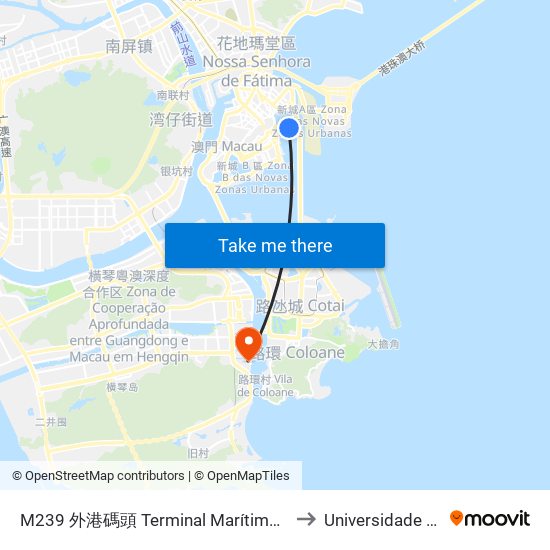 M239 外港碼頭 Terminal Marítimo De Passageiros Do Porto Exterior, Outer Harbour Ferry Terminal to Universidade de Macau (澳門大學) Campus map