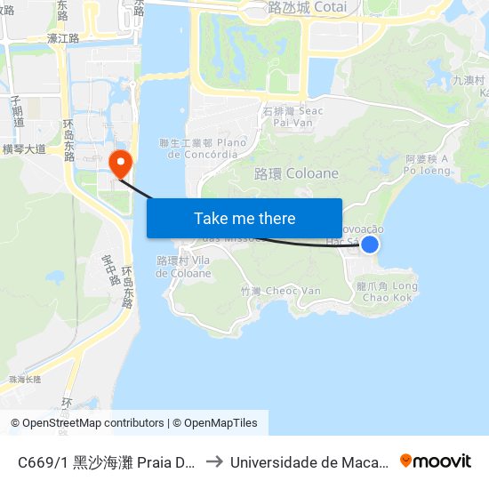 C669/1 黑沙海灘 Praia De Hac Sá, Hac Sa Beach to Universidade de Macau (澳門大學) Campus map