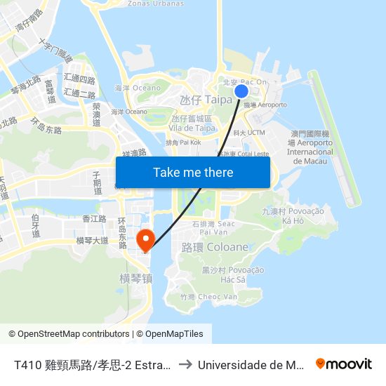 T410 雞頸馬路/孝思-2 Estrada Da Ponta Da Cabrita / Hau Si-2 to Universidade de Macau (澳門大學) Campus map