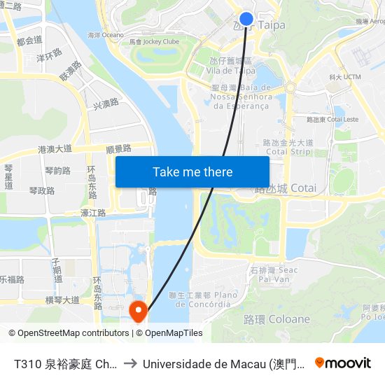 T310 泉裕豪庭 Chun U Villa to Universidade de Macau (澳門大學) Campus map