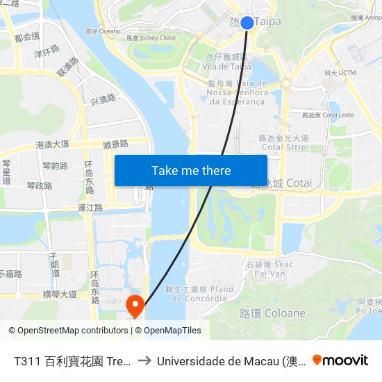 T311 百利寶花園 Treasure Garden to Universidade de Macau (澳門大學) Campus map