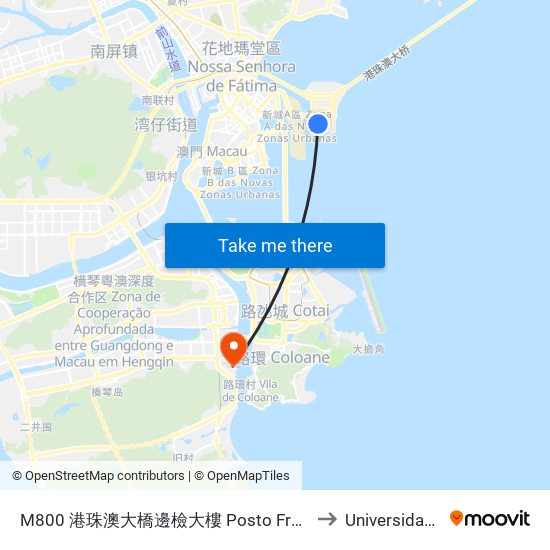 M800 港珠澳大橋邊檢大樓 Posto Fronteiriço Da Ponte Hong Kong-Zhuhai-Macau, Hong Kong-Zhuhai-Macau Bridge Frontier Post to Universidade de Macau (澳門大學) Campus map