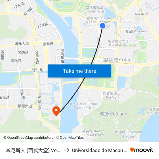 威尼斯人 (西翼大堂) Venetian (West Lobby) to Universidade de Macau (澳門大學) Campus map