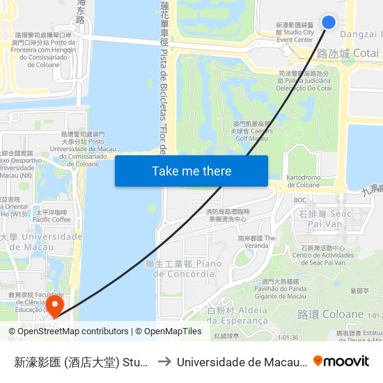 新濠影匯 (酒店大堂) Studio City (Hotel Lobby) to Universidade de Macau (澳門大學) Campus map