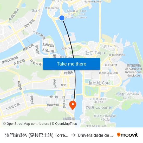 澳門旅遊塔 (穿梭巴士站) Torre De Macau, Macau Tower (Shuttle Bus Stop) to Universidade de Macau (澳門大學) Campus map