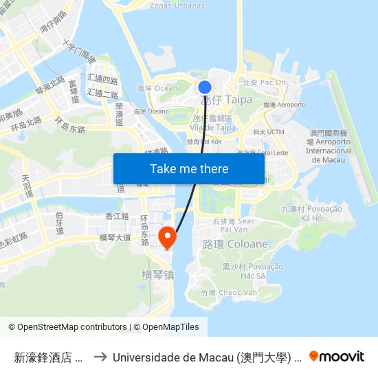 新濠鋒酒店 Altira to Universidade de Macau (澳門大學) Campus map