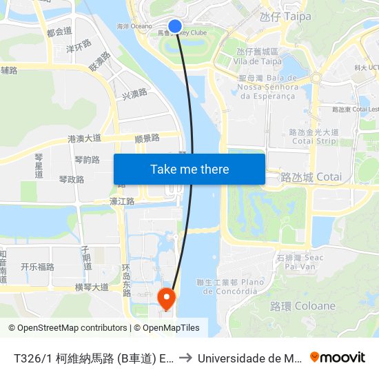 T326/1 柯維納馬路 (B車道) Estrada Gov. A. Oliveira (Via / Lane B) to Universidade de Macau (澳門大學) Campus map