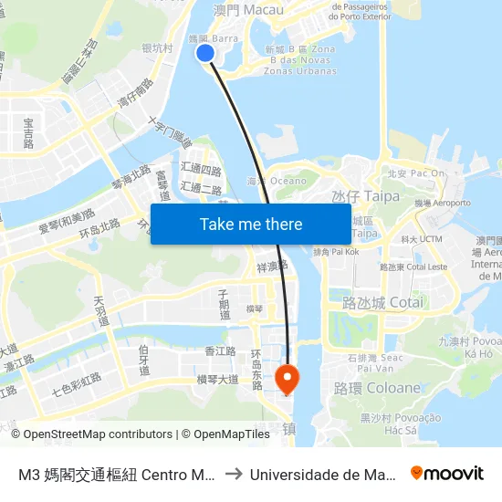 M3 媽閣交通樞紐 Centro Modal De Transportes Da Barra to Universidade de Macau (澳門大學) Campus map