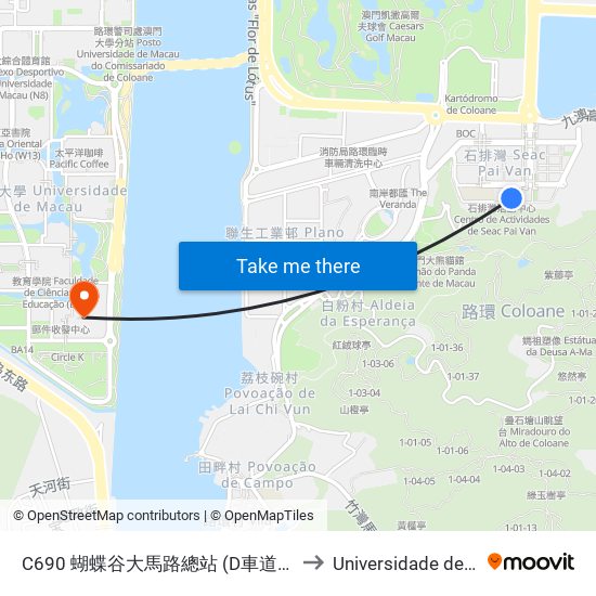 C690 蝴蝶谷大馬路總站 (D車道) Av. Vale Das Borboletas / Terminal (Via / Lane D) to Universidade de Macau (澳門大學) Campus map
