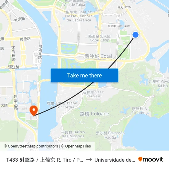 T433 射擊路 / 上葡京 R. Tiro / Palácio Grand Lisboa, R. Tiro / Grand Lisboa Palace to Universidade de Macau (澳門大學) Campus map