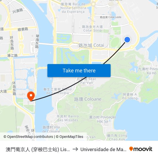 澳門葡京人 (穿梭巴士站) Lisboeta Macau (Shuttle Bus Stop) to Universidade de Macau (澳門大學) Campus map