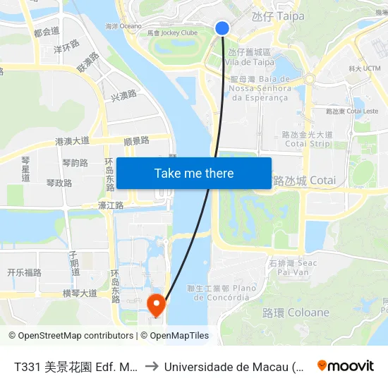 T331 美景花園 Edf. Mei Keng Garden to Universidade de Macau (澳門大學) Campus map