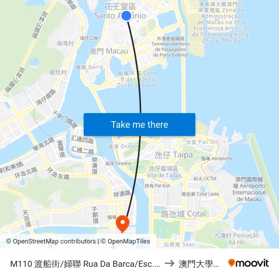 M110 渡船街/婦聯 Rua Da Barca/Esc. Assoc. G. De Mulhers to 澳門大學橫琴校區 map