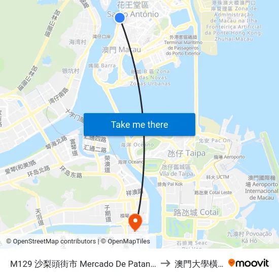 M129 沙梨頭街市 Mercado De Patane, Patane Market to 澳門大學橫琴校區 map