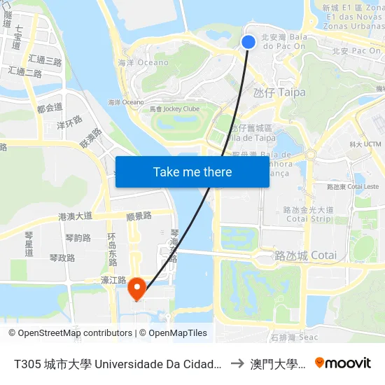 T305 城市大學 Universidade Da Cidade, City University Of Macao to 澳門大學橫琴校區 map
