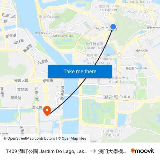 T409 湖畔公園 Jardim Do Lago, Lakeside Garden to 澳門大學橫琴校區 map