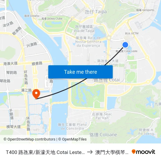 T400 路氹東/新濠天地 Cotai Leste/ C.O.D. to 澳門大學橫琴校區 map