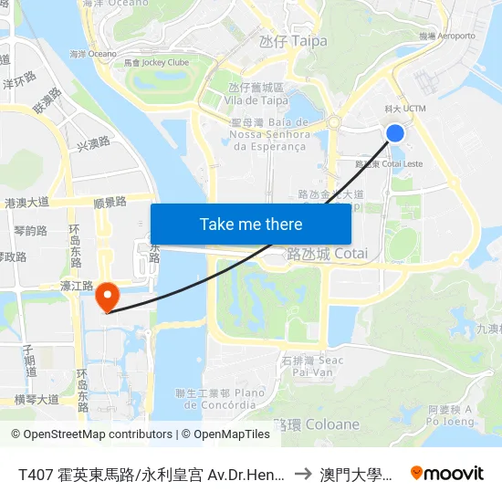 T407 霍英東馬路/永利皇宫 Av.Dr.Henry Fok / Wynn Palace to 澳門大學橫琴校區 map