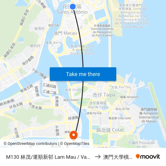 M130 林茂/運順新邨 Lam Mau / Van Sion Son Chun to 澳門大學橫琴校區 map