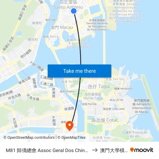 M81 歸僑總會 Assoc Geral Dos Chineses Ultramarinos to 澳門大學橫琴校區 map