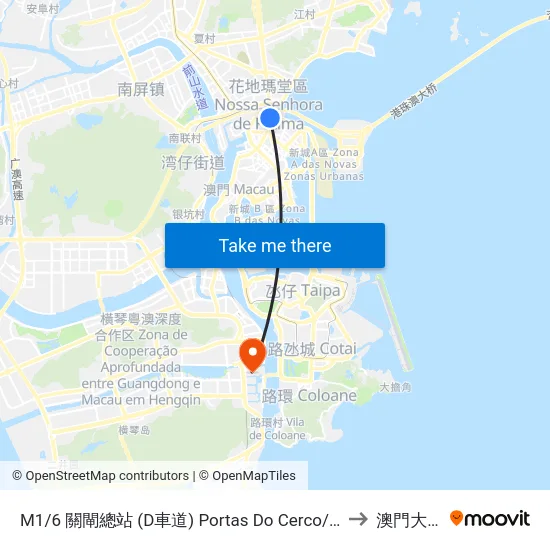 M1/6 關閘總站 (D車道) Portas Do Cerco/ Terminal, Barrier Gate / Terminal (Via / Lane D) to 澳門大學橫琴校區 map