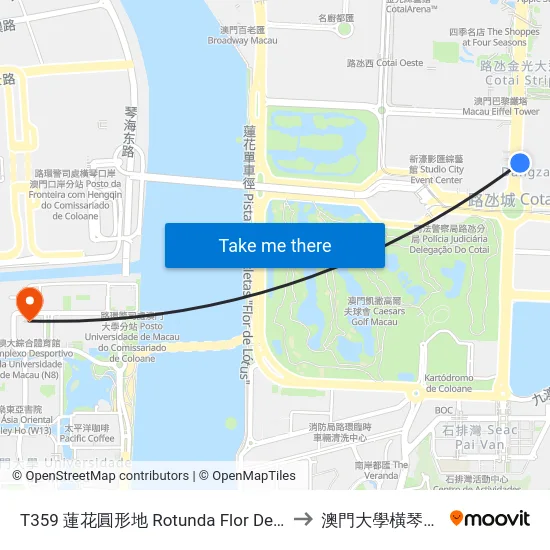 T359 蓮花圓形地 Rotunda Flor De Lótus to 澳門大學橫琴校區 map