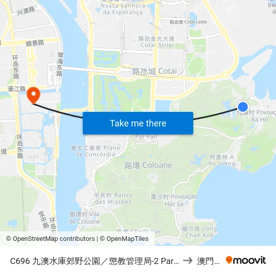 C696 九澳水庫郊野公園／懲教管理局-2 Parque De M. Da Barragem De Ká-Hó / Dsc-2, Ka-Ho Reservoir Country Park / Dsc-2 to 澳門大學橫琴校區 map