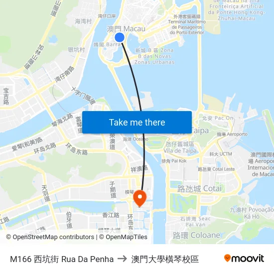 M166 西坑街 Rua Da Penha to 澳門大學橫琴校區 map