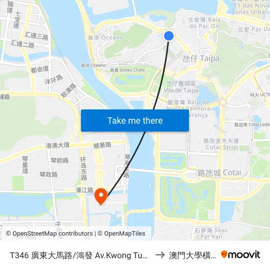 T346 廣東大馬路/鴻發 Av.Kwong Tung/ Edf. Hung Fat to 澳門大學橫琴校區 map