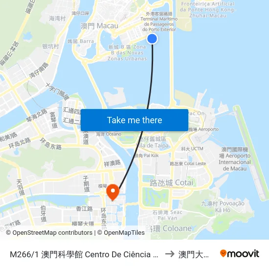 M266/1 澳門科學館 Centro De Ciência De Macau, Macao Science Center to 澳門大學橫琴校區 map